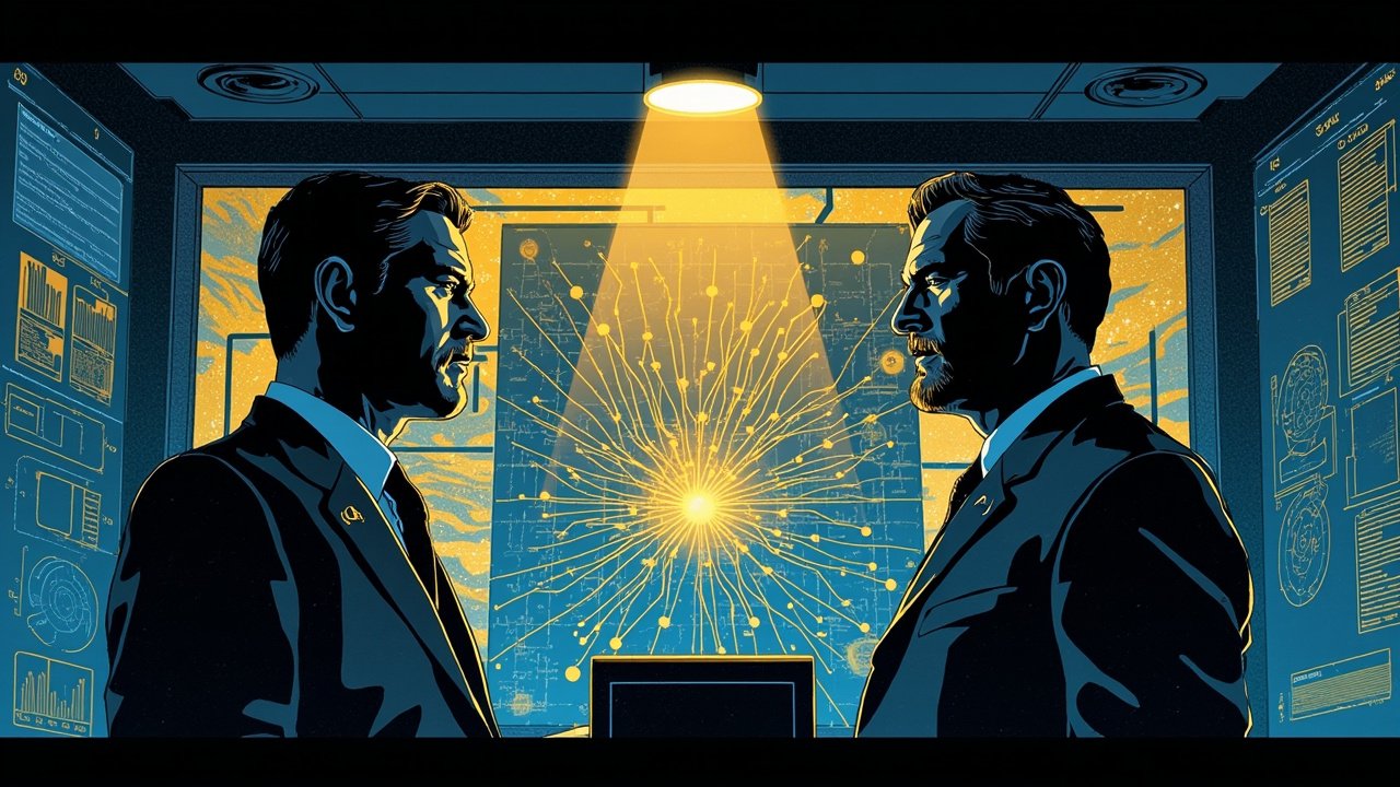 Federal AI standards office at dawn with a changing leadership spotlight over a circuit map.
