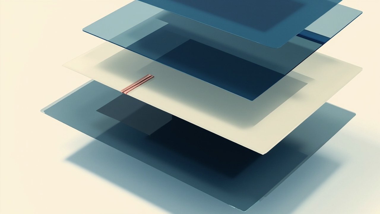 Abstract editorial illustration: stacked translucent navy and slate rectangular blocks, with one thi
