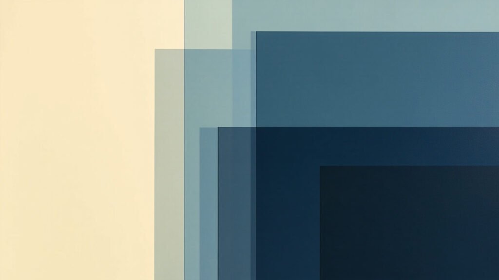 Abstract minimalist composition of overlapping translucent rectangular slabs in muted navy, slate blue, and cream