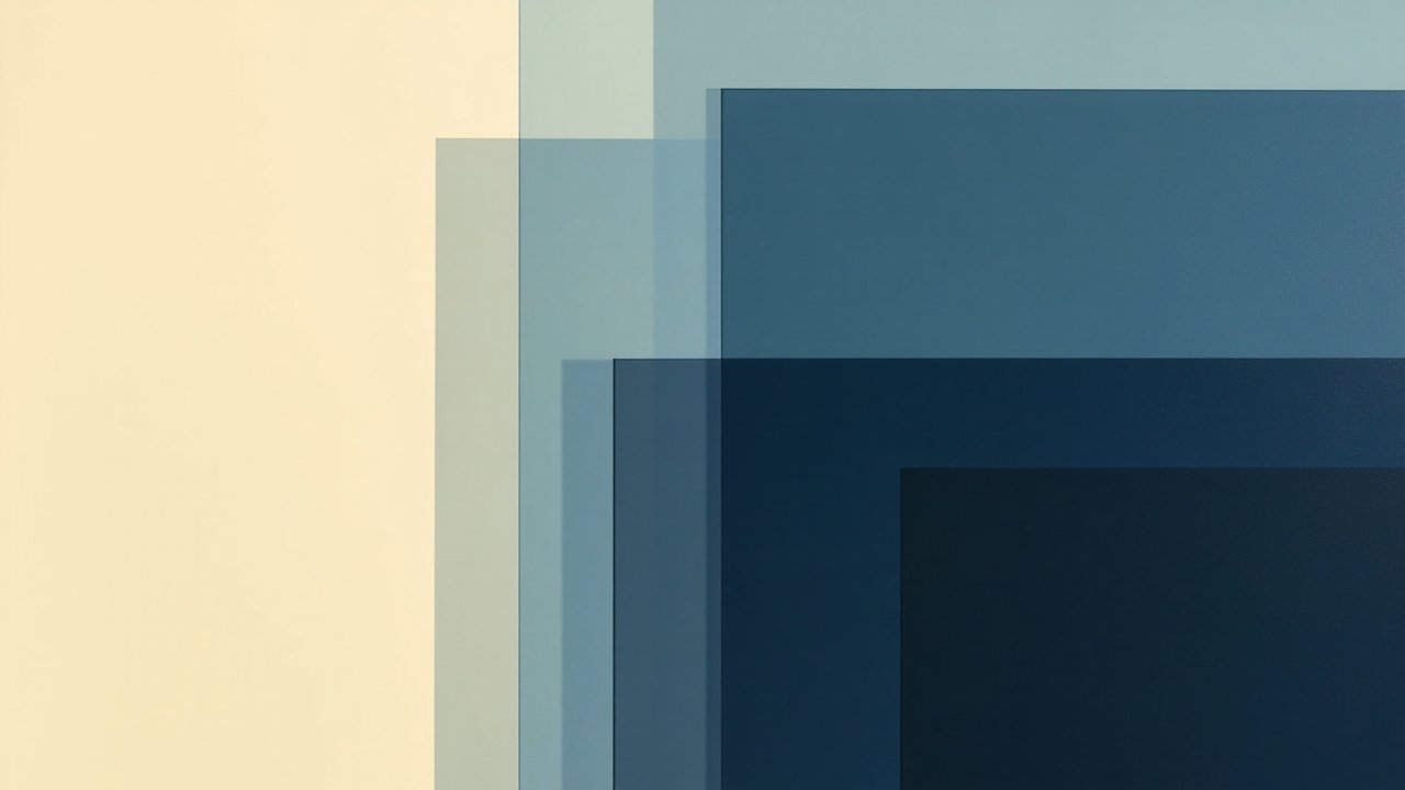 Abstract minimalist composition of overlapping translucent rectangular slabs in muted navy, slate blue, and cream