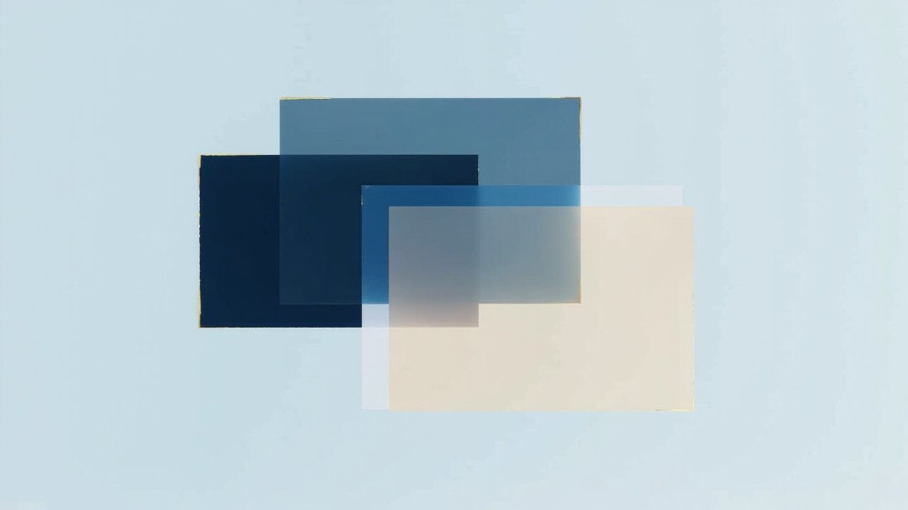 Overlapping translucent navy, slate and cream rectangles representing layered AI security controls