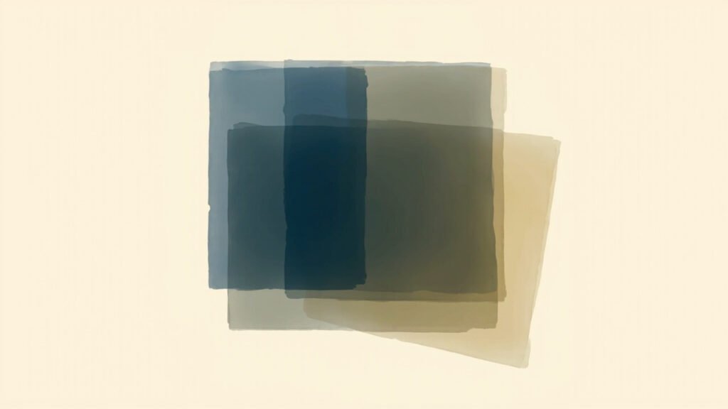 Stacked translucent navy and slate rectangles arranged like regulatory chapters, with one crisp red