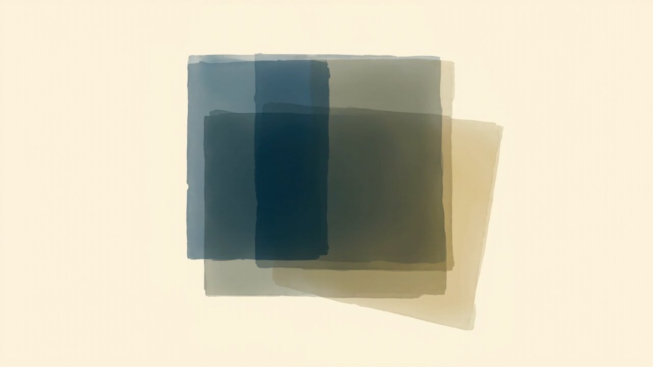 Stacked translucent navy and slate rectangles arranged like regulatory chapters, with one crisp red