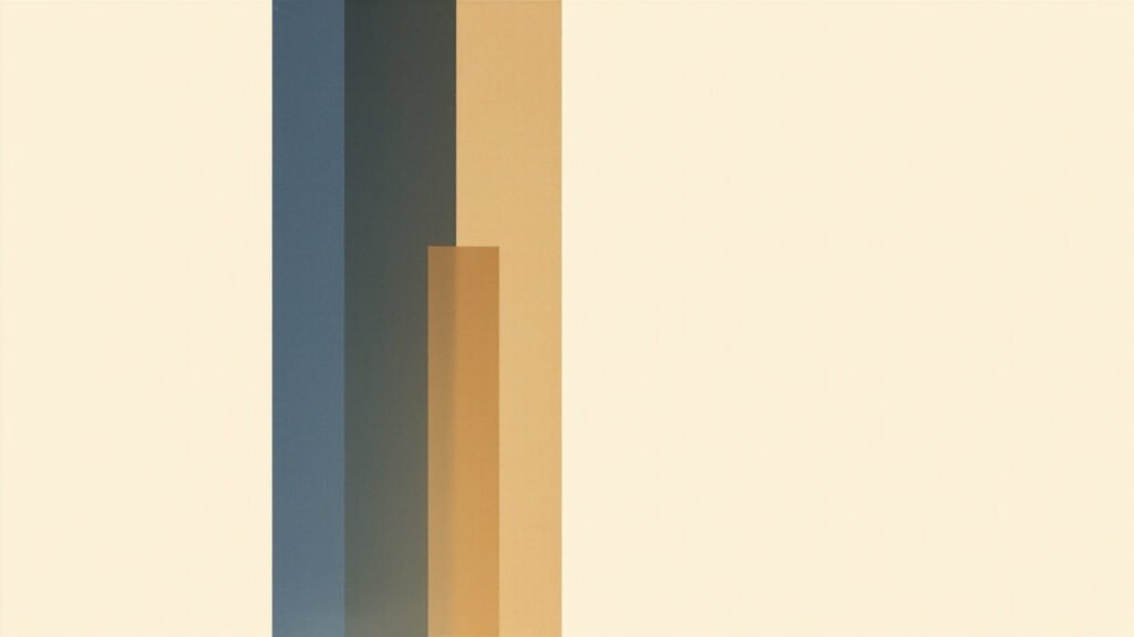Abstract minimalist composition of three vertical translucent columns in deep navy, slate blue, and muted gold on a soft cream background