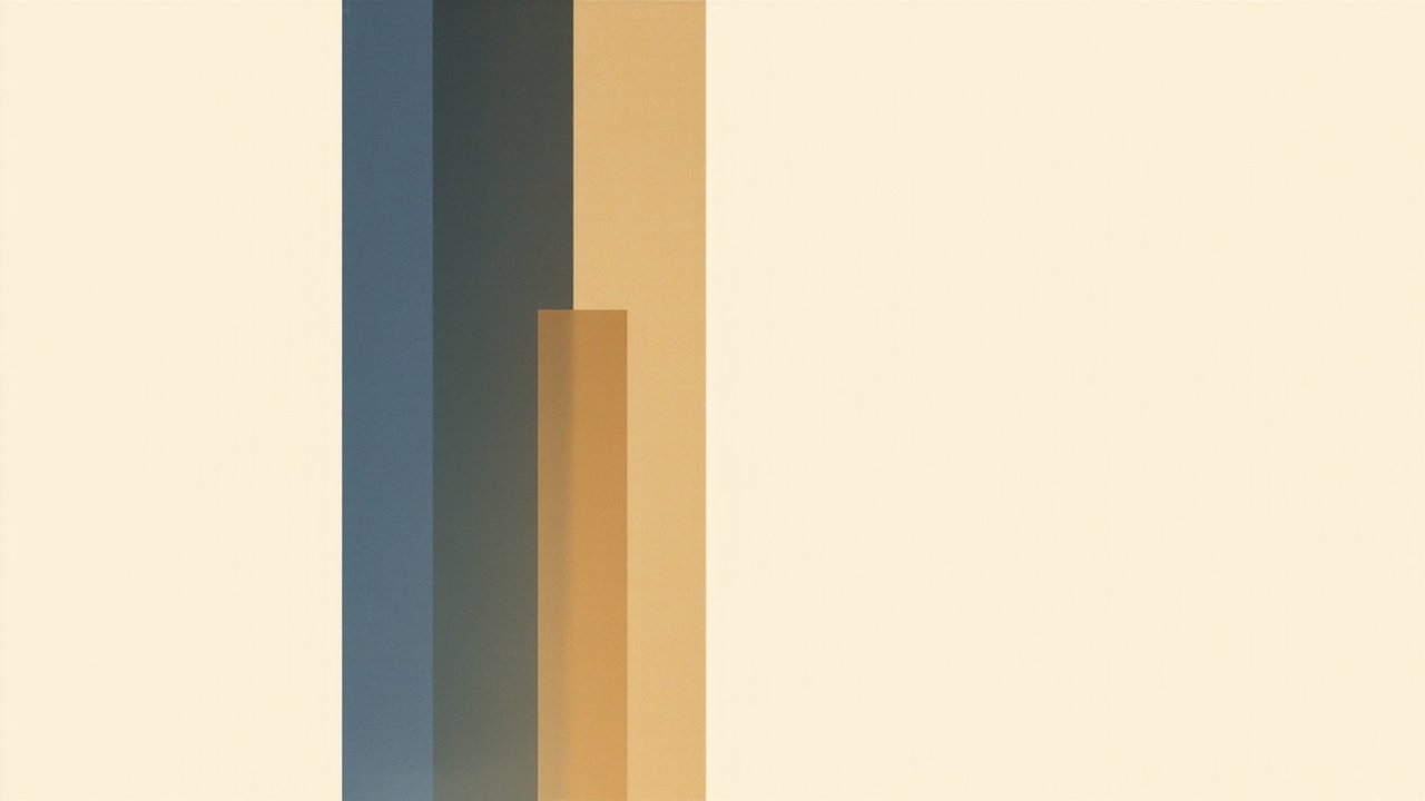 Abstract minimalist composition of three vertical translucent columns in deep navy, slate blue, and muted gold on a soft cream background