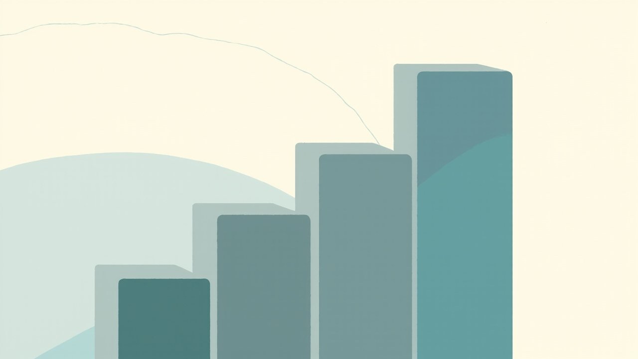 Three vertical bars in muted teal and slate against a soft cream background