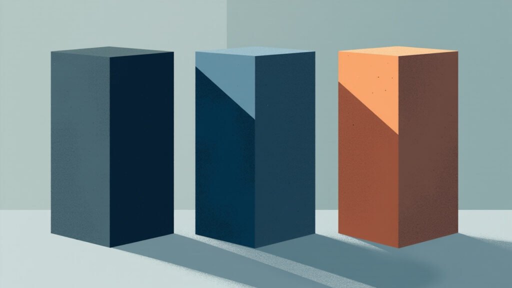 Abstract editorial illustration: three connected rectangular blocks in navy, steel blue, and warm co