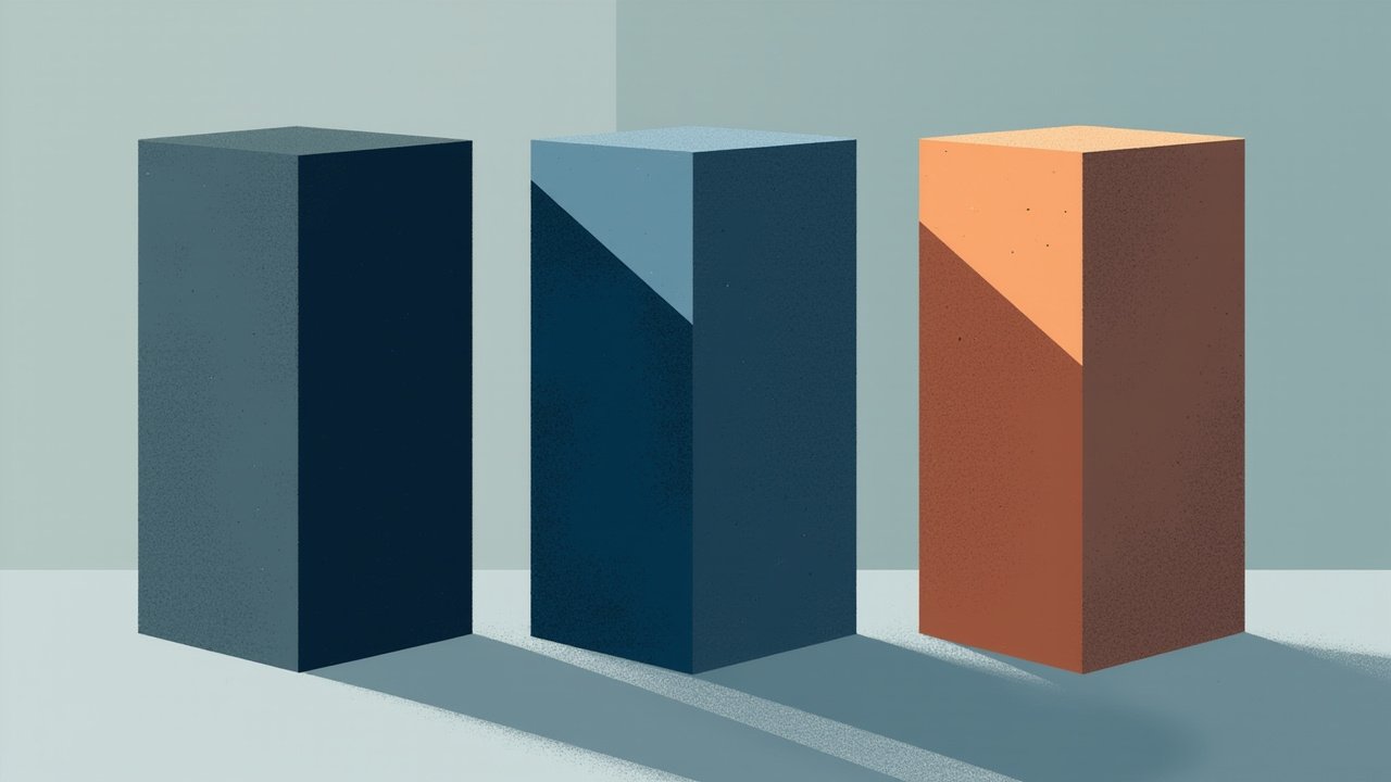 Abstract editorial illustration: three connected rectangular blocks in navy, steel blue, and warm co
