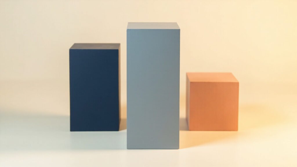 Abstract minimalist composition of three parallel rectangular pillars in navy, slate blue, and warm copper on a soft cream background