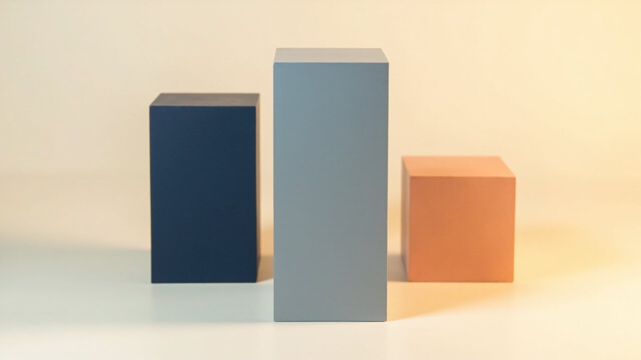 Abstract minimalist composition of three parallel rectangular pillars in navy, slate blue, and warm copper on a soft cream background