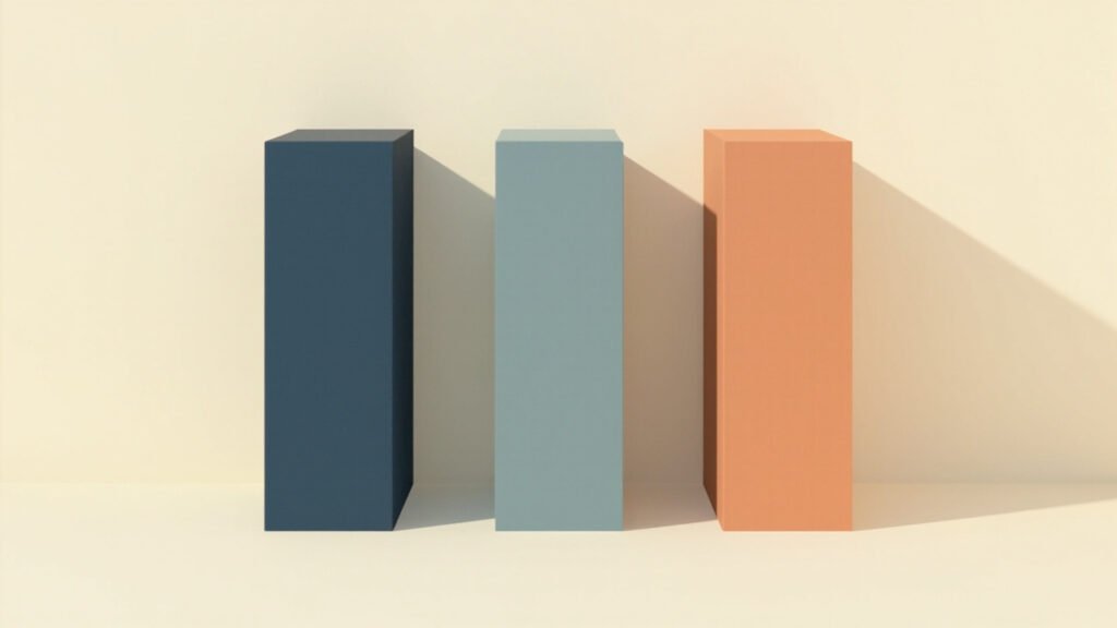 Three parallel rectangular pillars in muted navy, slate-blue and warm copper on cream background representing staggered product launch cadence