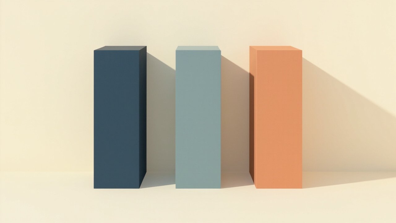 Three parallel rectangular pillars in muted navy, slate-blue and warm copper on cream background representing staggered product launch cadence
