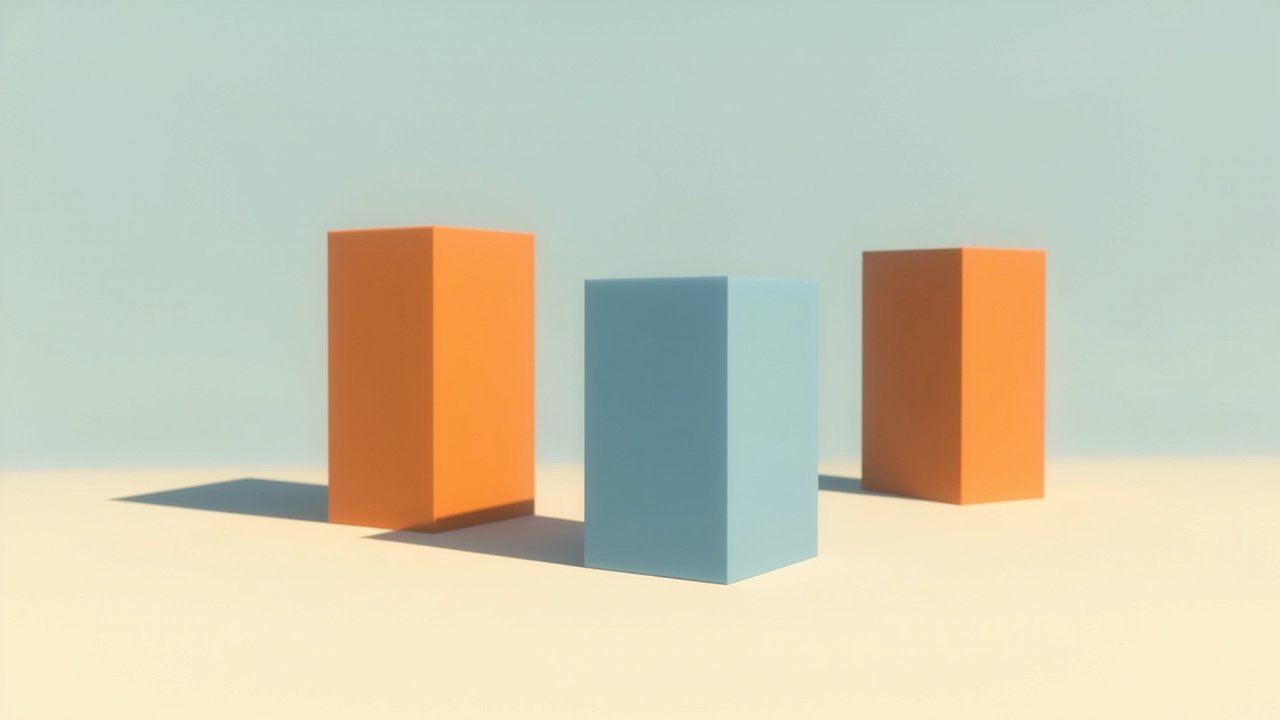 Three upright rectangular columns of varying height in steel blue and warm orange representing a pub