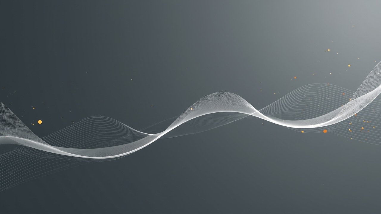Editorial illustration of thin curving lines, small soft dots, and flowing curves in slate gray, soft white, and amber tones representing memory and processing flow.