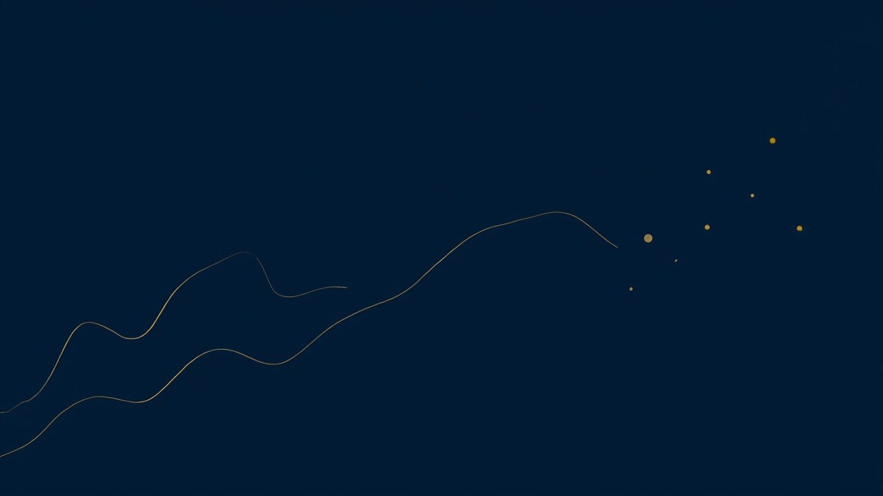 Abstract editorial illustration of thin flowing navy and slate lines converging toward a single small gold dot.