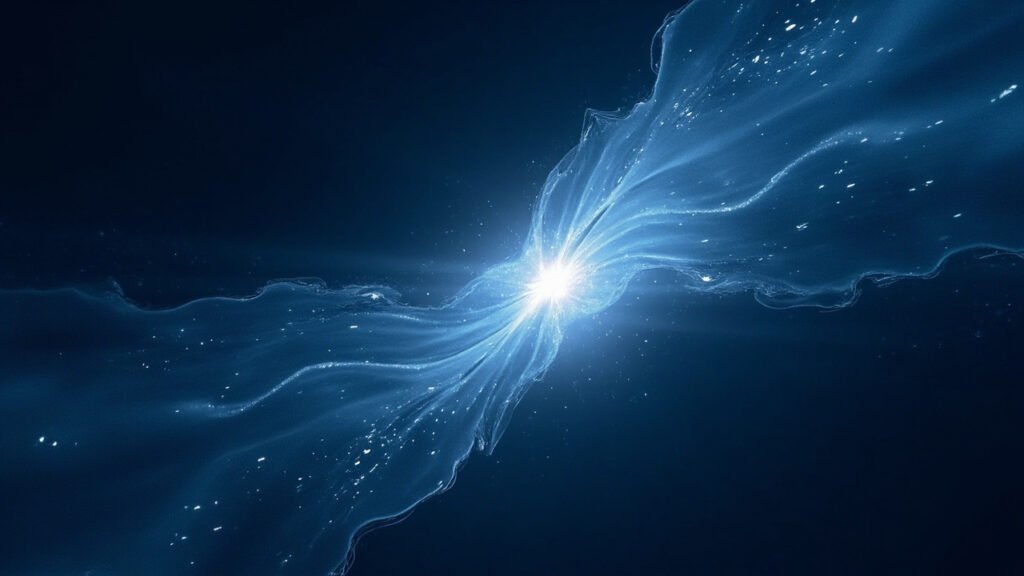 Abstract mathematical fluid-flow field with glowing singularity on deep navy background