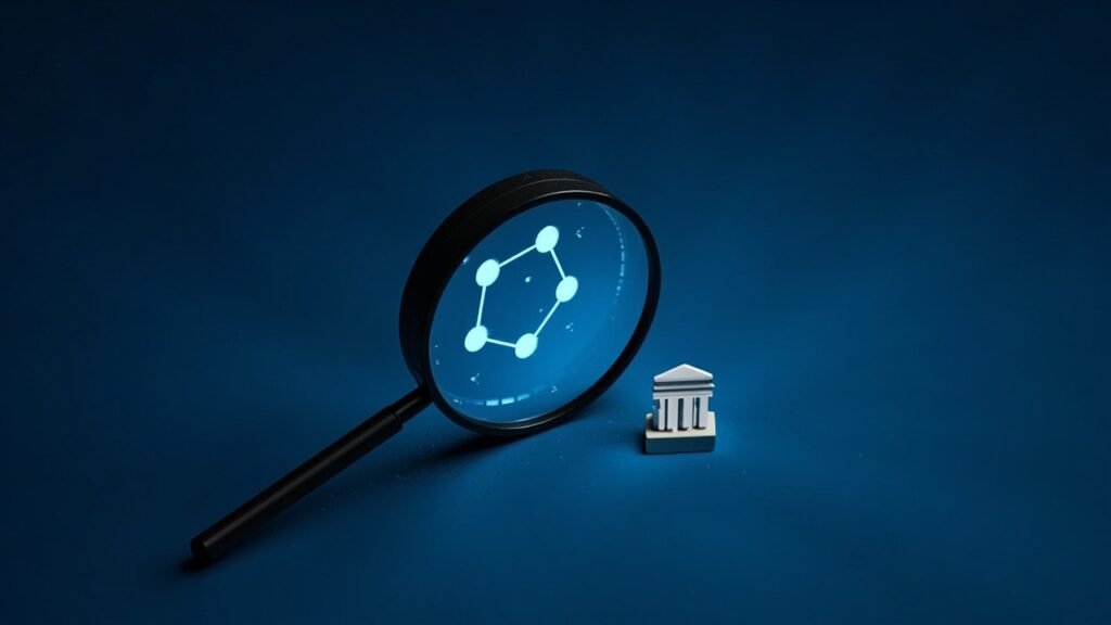 Stylized flat illustration of a glowing neural network node under a magnifying glass, representing independent AI safety evaluation by Meridian Labs.
