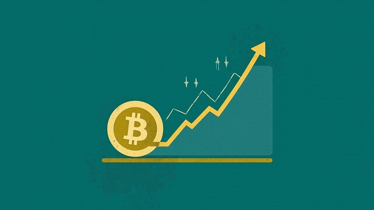 Flat illustration of a stylized golden Bitcoin ascending past a horizontal threshold line, representing Bitcoin reclaiming $80,000 with bullish sentiment.