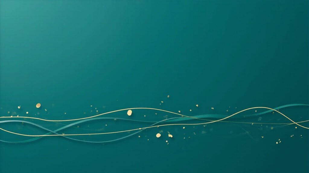 Flowing gold curves and small isolated dots on deep teal background