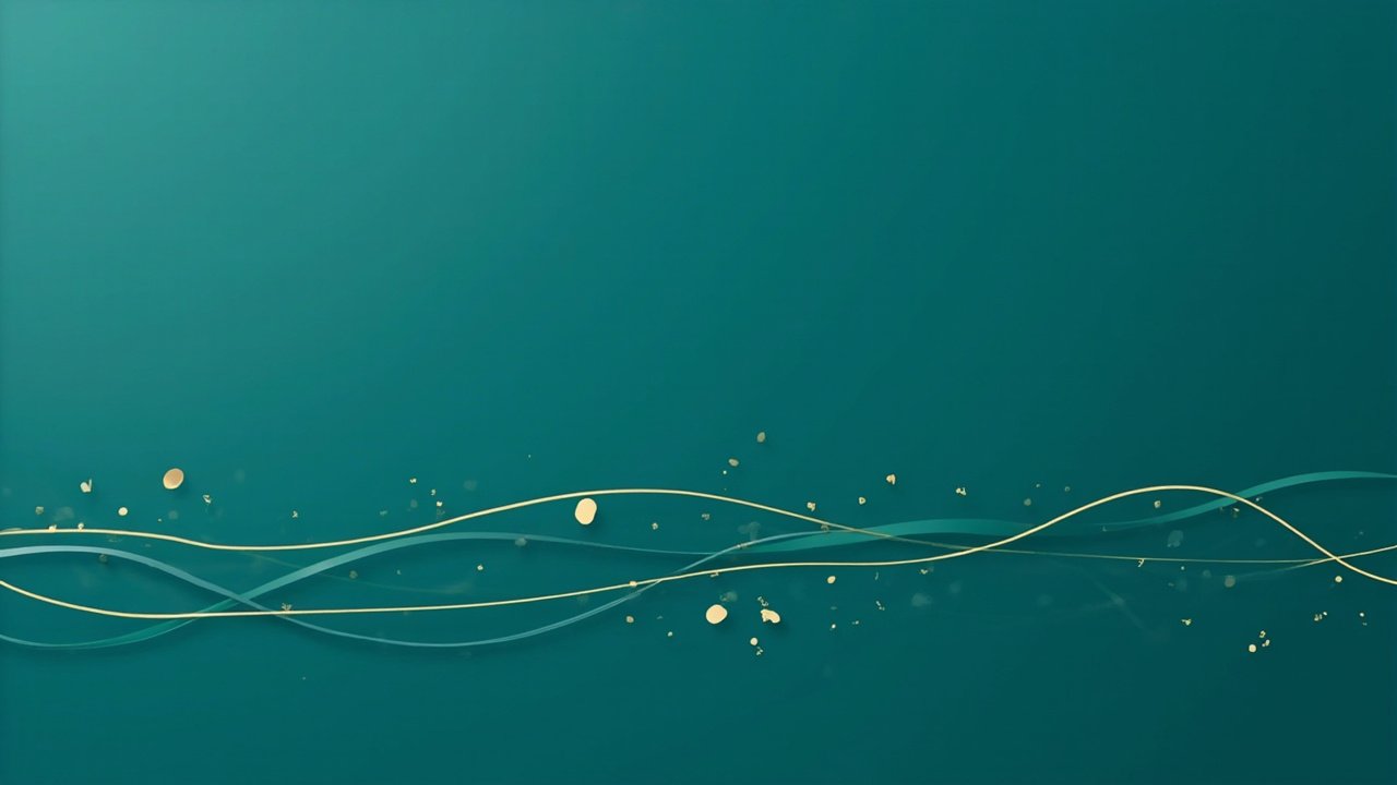 Flowing gold curves and small isolated dots on deep teal background