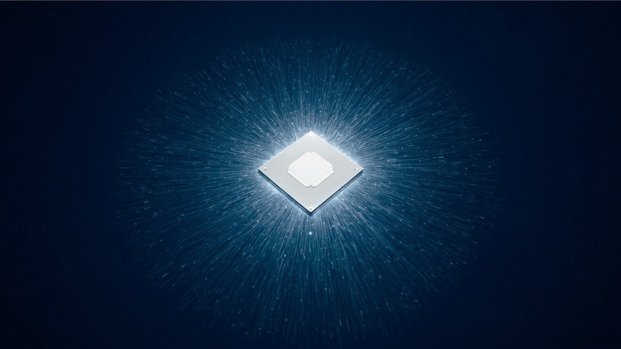 Editorial illustration of a silicon chip with fiber-optic data flow radiating from a central processor die at gigawatt scale. Meta's MTIA Astrid chip, built with Broadcom and TSMC, hits within 2-3% of simulation on day one and targets 1H27 deployment.