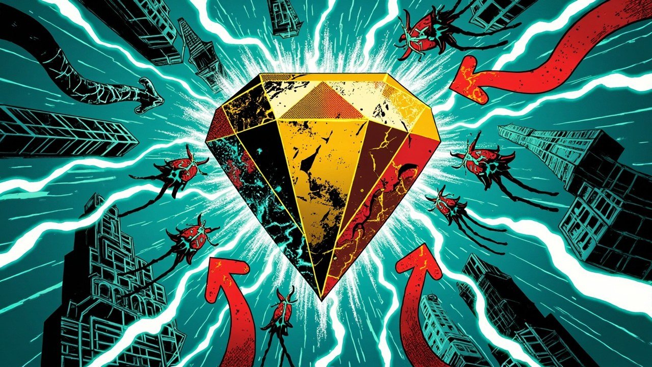 Comic-book vault split across two chains linked by a glowing data bridge representing cross-chain collateral movement.