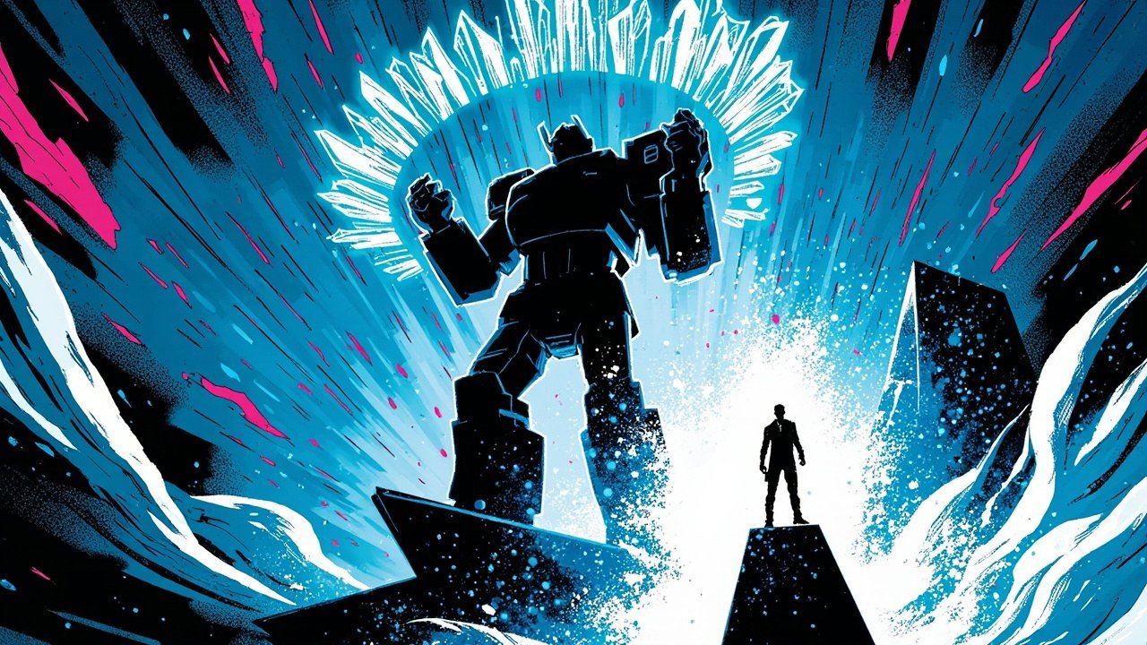 Modern comic book cover illustration in cobalt blue, cyan and magenta. A towering robot figure seen from behind raises both arms and releases a spiralling constellation of glowing angular crystal shards. Below, a single small human silhouette stands on a floating geometric ledge beneath a radiant burst of light.