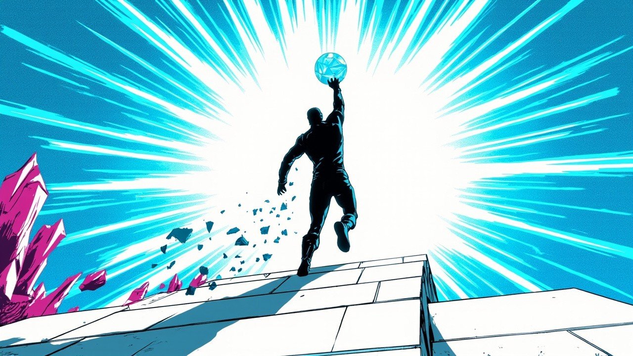 Modern comic book cover illustration in bold black ink with comic halftone dot shading: a dark-suited figure seen from behind strides up clean white angular steps toward a huge brilliant sunburst, raising a faceted blue orb overhead as blue crystal shards trail behind and magenta crystal spires rise at the left, in a cobalt blue and cyan palette.