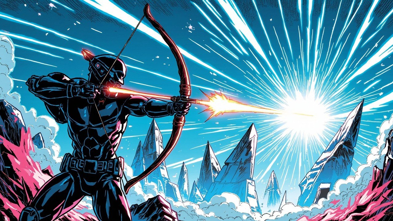 Modern comic book cover illustration in cobalt blue, electric cyan and hot magenta: a black-armored robotic archer seen from behind aims a glowing bow at floating angular crystal shards, striking a brilliant white starburst above a jagged skyline. Bold black ink outlines, halftone dot shading, no text.