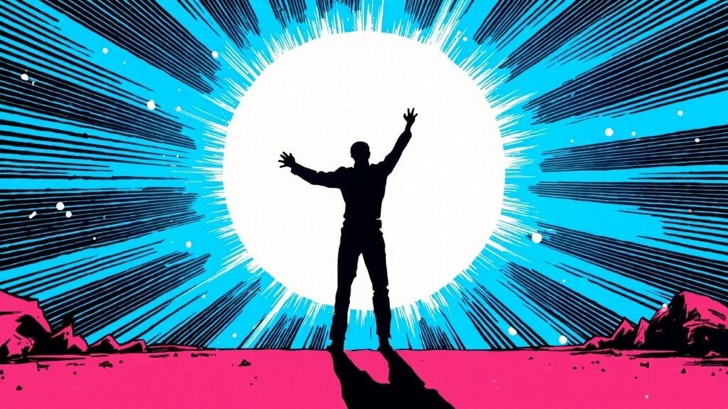 Modern comic book cover illustration in bold black ink with comic halftone dot shading. A single solid black silhouette of a human figure is seen from directly behind at the centre of the frame, standing with both arms raised outward toward an enormous bright white circular orb of light that fills the upper middle of the composition. Thick smooth black radiating ink lines burst outward from the orb across an electric cyan sky, with a few small solid white dots scattered among the rays. The lower third of the image is a flat hot magenta ground plane with small angular black rock shapes along the horizon line, and the figure casts a long black shadow toward the viewer. The palette is deep cobalt blue, electric cyan, white, black ink and hot magenta with heavy comic outlines and halftone texture. No text or lettering appears anywhere in the image.