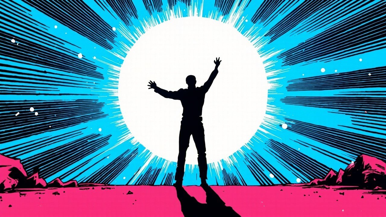 Modern comic book cover illustration in bold black ink with comic halftone dot shading. A single solid black silhouette of a human figure is seen from directly behind at the centre of the frame, standing with both arms raised outward toward an enormous bright white circular orb of light that fills the upper middle of the composition. Thick smooth black radiating ink lines burst outward from the orb across an electric cyan sky, with a few small solid white dots scattered among the rays. The lower third of the image is a flat hot magenta ground plane with small angular black rock shapes along the horizon line, and the figure casts a long black shadow toward the viewer. The palette is deep cobalt blue, electric cyan, white, black ink and hot magenta with heavy comic outlines and halftone texture. No text or lettering appears anywhere in the image.
