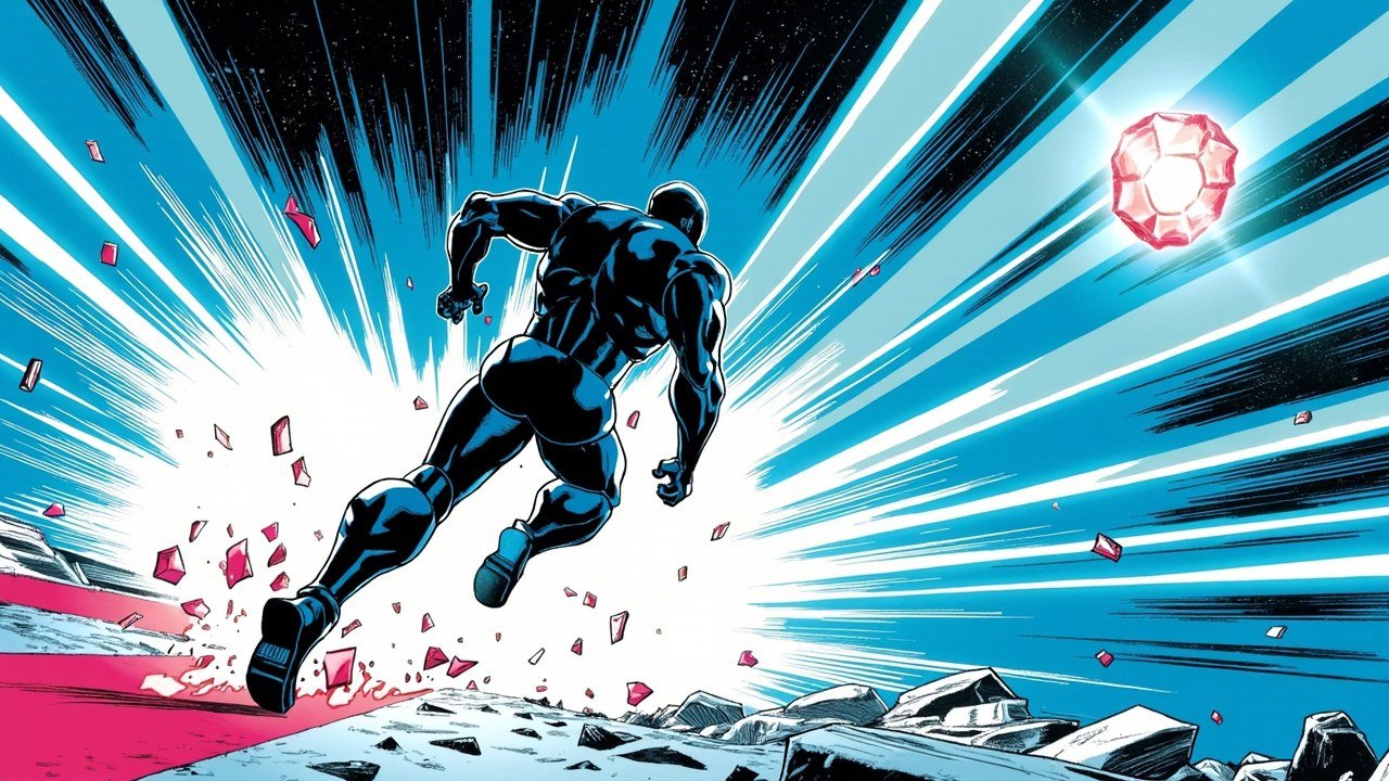 Modern comic book cover illustration in bold black ink with halftone dot shading. A lean robotic figure viewed from behind sprints forward across an open cobalt blue field streaked with white and electric cyan speed lines, reaching toward one glowing faceted crystal at the upper right. Small hot magenta crystal shards scatter across the pale rocky ground behind it. No text or lettering appears anywhere in the image.