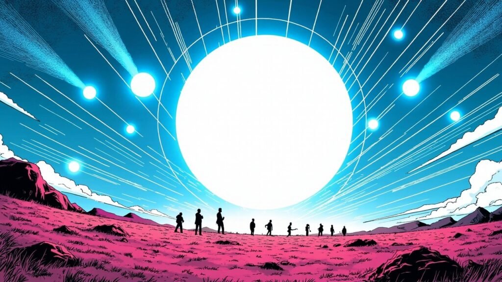 Modern comic book cover illustration for a DeepSeek V4.1 Flash safety audit story. A large glowing white-blue sphere of energy hangs at the centre of a deep cobalt sky, ringed by thin white concentric scan arcs and crossed by narrow magenta and cyan beams of light like examination lamps. Smaller bright orbs float around it. A row of small silhouetted human figures stands on a magenta plain in the foreground, looking toward the light. Bold black ink outlines, comic halftone dot shading, vivid cel-shaded colours, deep cobalt blue and electric cyan palette with white highlights and a hot magenta accent. No text or lettering anywhere.