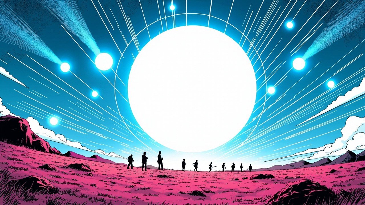 Modern comic book cover illustration for a DeepSeek V4.1 Flash safety audit story. A large glowing white-blue sphere of energy hangs at the centre of a deep cobalt sky, ringed by thin white concentric scan arcs and crossed by narrow magenta and cyan beams of light like examination lamps. Smaller bright orbs float around it. A row of small silhouetted human figures stands on a magenta plain in the foreground, looking toward the light. Bold black ink outlines, comic halftone dot shading, vivid cel-shaded colours, deep cobalt blue and electric cyan palette with white highlights and a hot magenta accent. No text or lettering anywhere.