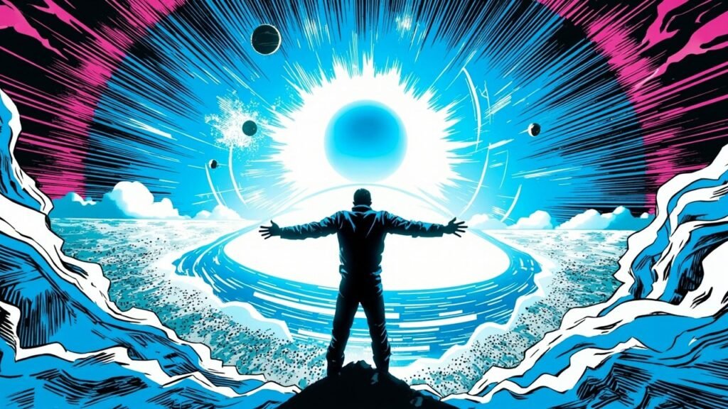 Modern comic book cover illustration. A figure seen from behind stands with arms outstretched before a vast luminous circular portal of swirling wind and light, with a brilliant blue orb suspended at its centre and a smaller tilted ring floating behind. Smooth radiating rays fan outward across a cobalt blue and cyan palette with hot magenta accents, drawn with bold black ink outlines and comic halftone dot shading. No text appears anywhere in the image.