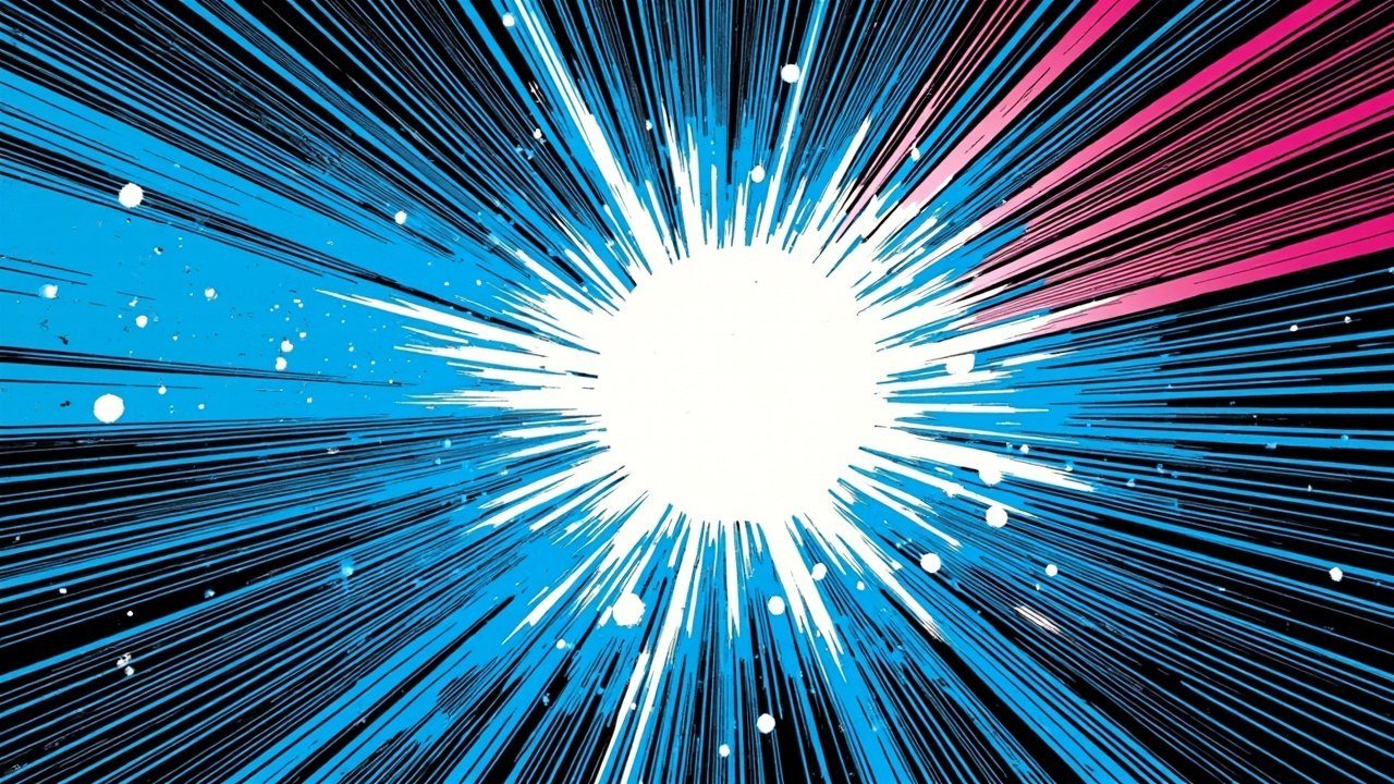 Modern comic book cover illustration for a Google Connected Apps Platform launch story. One brilliant glowing white-blue orb sits at the centre of a deep cobalt blue field. A wide radiant burst of smooth continuous rays of light in electric cyan, white and hot magenta fans outward from it in clean parallel lines, and small bright glowing dots are scattered through the rays like connected nodes in a network. The whole scene is pure open radiant space with no ground and no horizon. Bold black ink outlines, comic halftone dot shading, vivid cel-shaded colours, deep cobalt blue and electric cyan palette with white highlights and a hot magenta accent. No text or lettering anywhere.