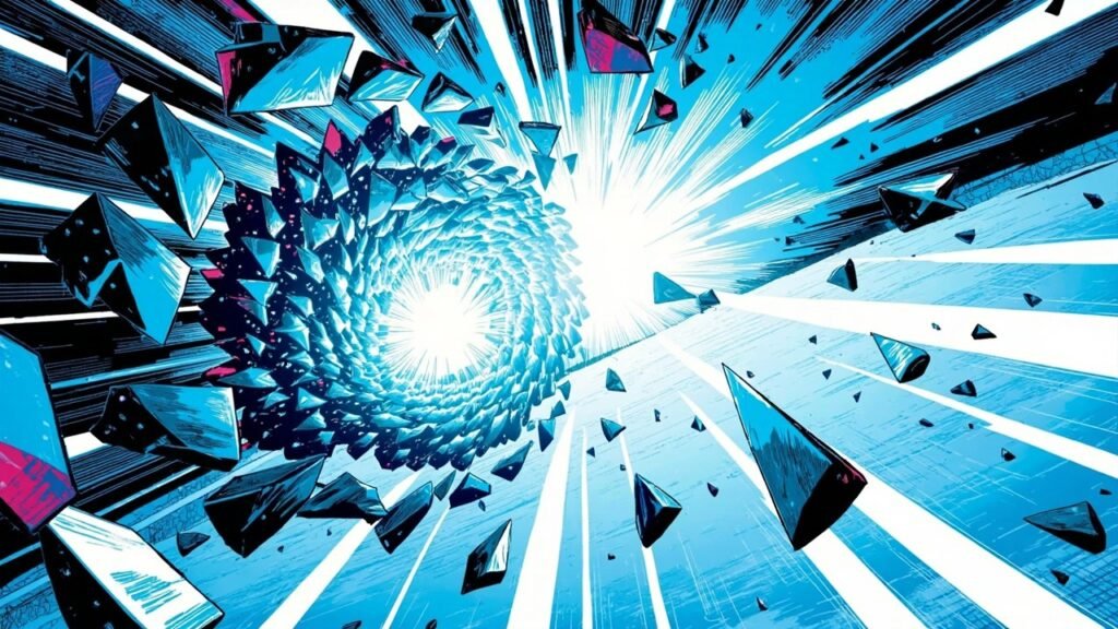 Modern comic book cover illustration with bold black ink outlines and halftone dot shading. Free-floating angular shards in deep cobalt blue, cyan and magenta spiral inward toward one brilliant glowing white core node, with radiating bands of white light sweeping across an open field.