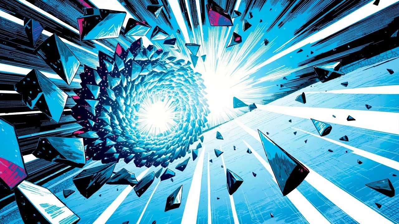 Modern comic book cover illustration with bold black ink outlines and halftone dot shading. Free-floating angular shards in deep cobalt blue, cyan and magenta spiral inward toward one brilliant glowing white core node, with radiating bands of white light sweeping across an open field.