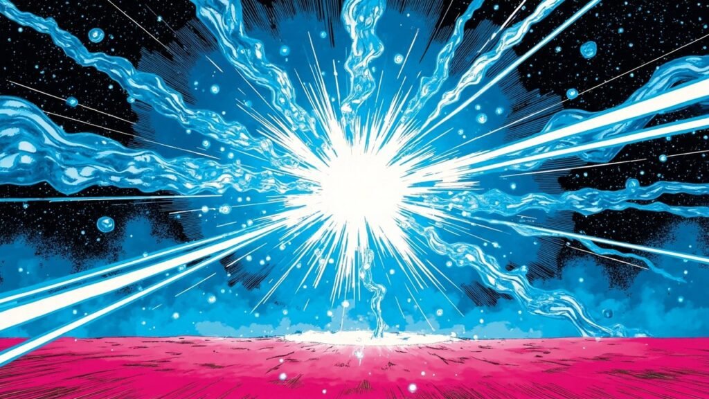 Modern comic book cover illustration for Android Studio agents. A brilliant white and electric cyan burst of light explodes from the centre of the frame, thick black ink speed lines radiate outward across a deep cobalt blue field, and comic halftone dot shading covers the darker areas. A flat hot magenta plain of colour spans the lower third of the image. Bold thick black ink outlines, vivid cel-shaded colours, no text, no letters, no numbers, no logos and no watermarks.
