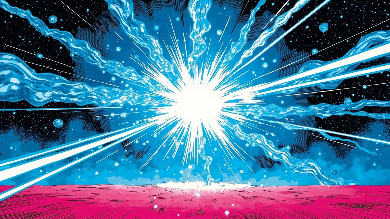 Modern comic book cover illustration for Android Studio agents. A brilliant white and electric cyan burst of light explodes from the centre of the frame, thick black ink speed lines radiate outward across a deep cobalt blue field, and comic halftone dot shading covers the darker areas. A flat hot magenta plain of colour spans the lower third of the image. Bold thick black ink outlines, vivid cel-shaded colours, no text, no letters, no numbers, no logos and no watermarks.