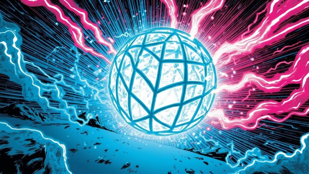 Modern comic book cover illustration for Mistral Large 4. A colossal open lattice sphere made of smooth continuous woven light strands blazes with white and cyan light at the centre of the frame, a dense swarm of tiny glowing motes streams inward along the strands, and smooth continuous rays radiate outward. The background is a flat deep cobalt field with a hot magenta ray sunburst. Bold thick black ink outlines, comic halftone dot shading, vivid cel-shaded colours, no text, no letters, no numbers, no logos and no watermarks.