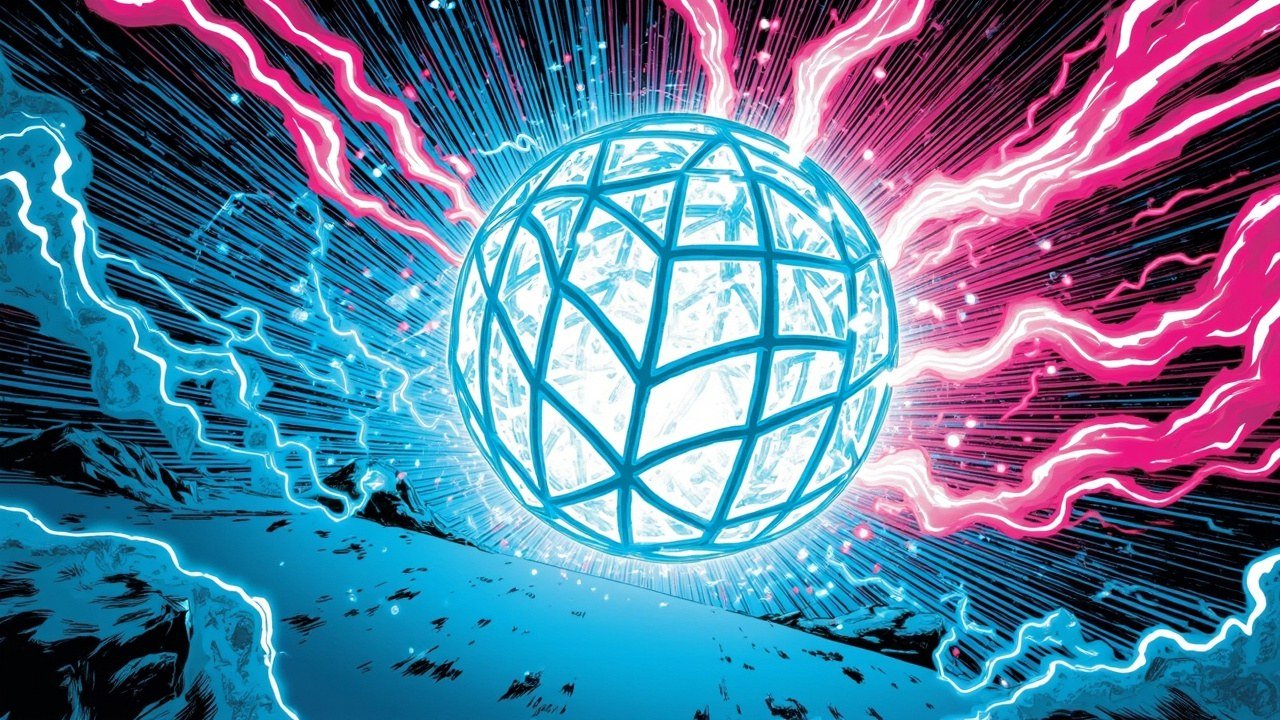 Modern comic book cover illustration for Mistral Large 4. A colossal open lattice sphere made of smooth continuous woven light strands blazes with white and cyan light at the centre of the frame, a dense swarm of tiny glowing motes streams inward along the strands, and smooth continuous rays radiate outward. The background is a flat deep cobalt field with a hot magenta ray sunburst. Bold thick black ink outlines, comic halftone dot shading, vivid cel-shaded colours, no text, no letters, no numbers, no logos and no watermarks.