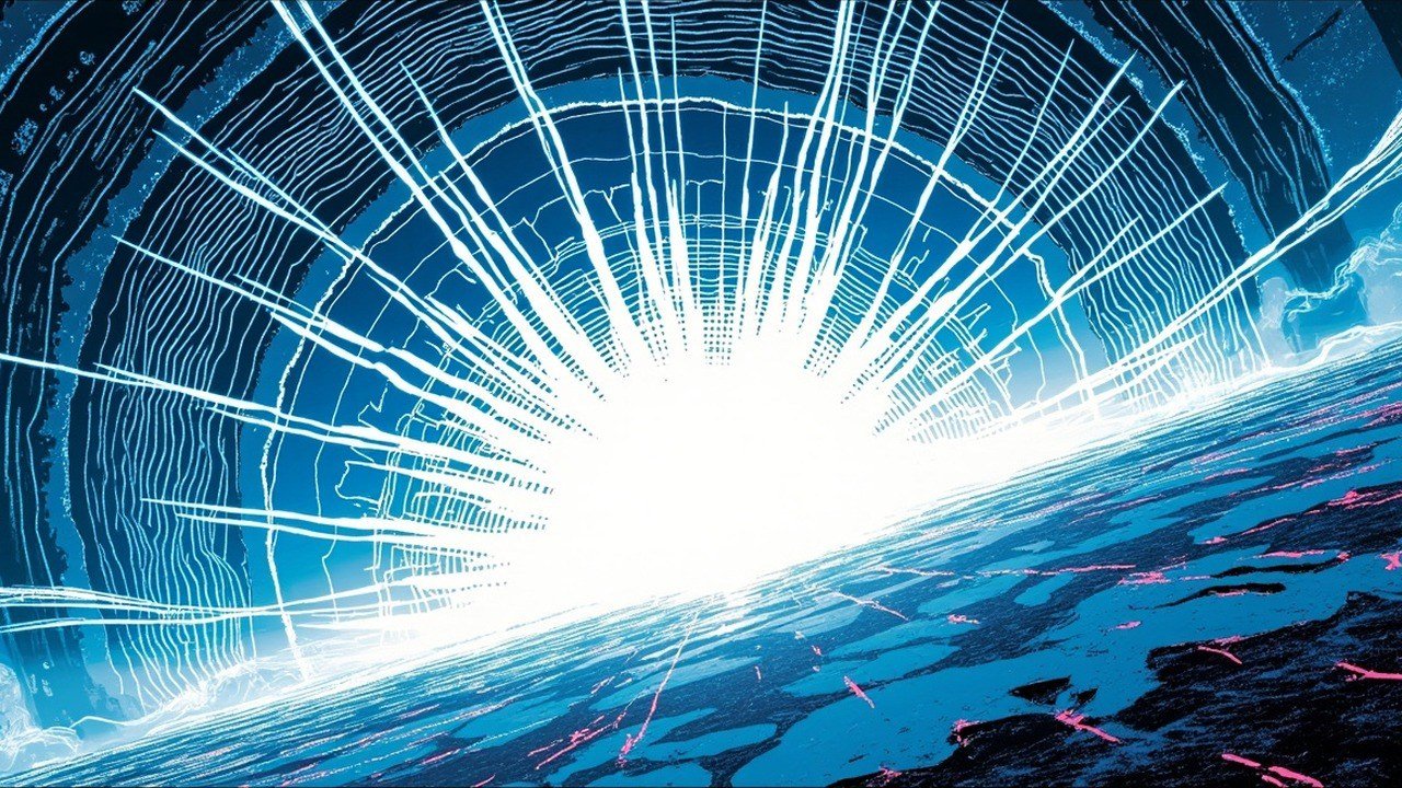 Modern comic book cover illustration for the GLM 5.3 Firefox exploit chain. Dozens of smooth white and electric cyan light strands sweep inward from every edge of the frame and converge on one brilliant white glowing core just above centre. The background is a deep cobalt blue field with black ink contour lines, and the lower third is a dark teal and black ground plane crossed by short hot magenta veins. Bold thick black ink outlines, comic halftone dot shading, vivid cel-shaded colours, no text, no letters, no numbers, no logos and no watermarks.