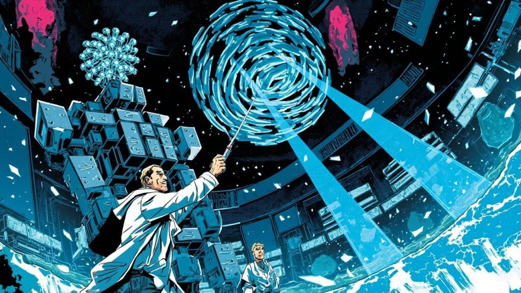 Modern comic book cover illustration. A scientist in a white lab coat reaches upward with a pipette toward a swirling vortex of cyan shards, beside a towering blocky robot figure whose spherical head glows with cyan nodes. A second smaller technician stands below in a stylized blue genomics laboratory, with a spiral of cyan light and scattered angular fragments around them.