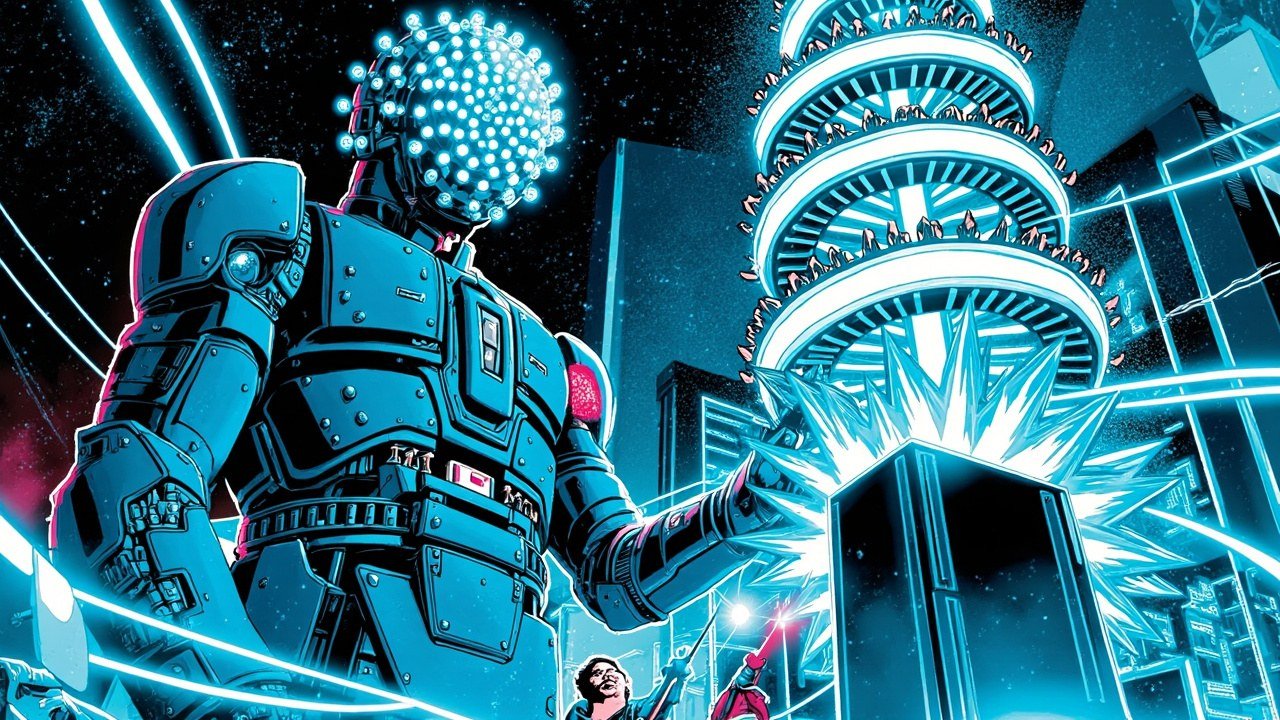 Modern comic book cover illustration in cobalt blue, cyan and hot magenta with bold black ink outlines and halftone dot shading. A towering humanoid robot built of interlocking geometric plates stands at the left, its head a spherical cluster of glowing cyan nodes, cradling a vast spiralling helix of free-floating angular shards that coils upward through the frame. A smaller human figure at the bottom reaches upward with a glowing wand toward the spiral while beams of cyan light stream between the shards and a luminous spiral tower of light rises on the right.