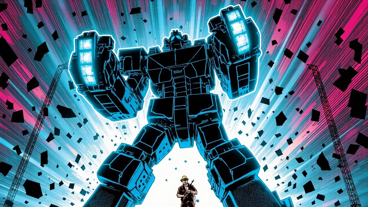 Modern comic book cover illustration in cobalt blue and magenta of a huge angular block robot raising both arms into a swirling storm of glowing geometric shards, with a small hard-hat engineer standing beneath it.