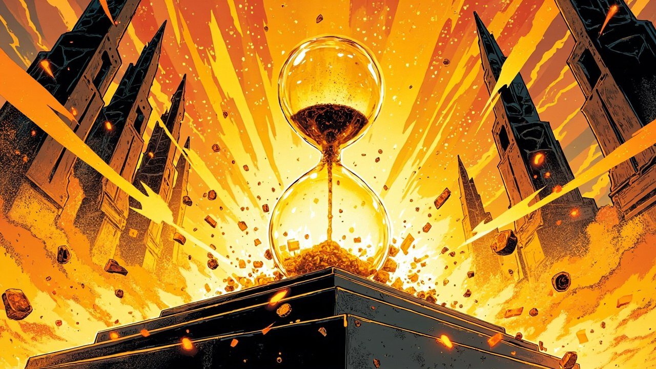 Modern comic book cover illustration in deep teal, gold and crimson. A colossal glowing golden hourglass stands on a dark angular platform and bursts open at its waist, amber light erupting outward in sharp angular shards across a canyon of tall geometric spires.