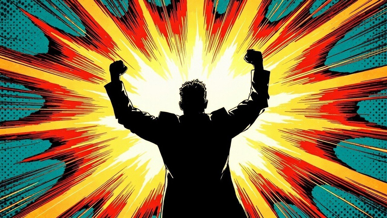Modern comic book cover illustration in bold black ink with heavy halftone dot shading: a solid black human silhouette seen from behind raises both arms toward a brilliant white and gold starburst, surrounded by radiating gold and crimson rays over a teal halftone-dot background.