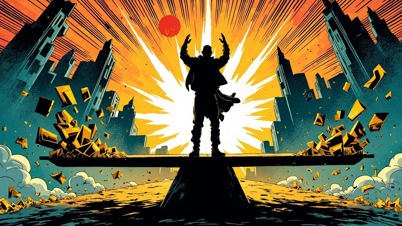 Modern comic book cover illustration in deep teal, electric gold and crimson: a black silhouette figure with raised arms stands on a balance beam as angular gold shards fall away and teal shards gather on the other side, against an angular city skyline and a bright orange starburst. Bold black ink outlines, halftone shading, no text.