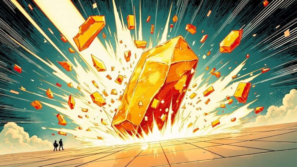 Modern comic book cover illustration in bold black ink with halftone dot shading. A colossal golden orange crystal shatters at the centre of the frame, throwing out dozens of smaller amber shards and a bright white burst of crimson and gold light. Two tiny black silhouetted figures stand together on the open tan plain at the lower left watching the break, with long radiating speed lines and scattered angular shards filling the teal sky. The palette is deep teal, electric gold, white and hot crimson with heavy black outlines and comic halftone texture. No text or lettering appears anywhere in the image.